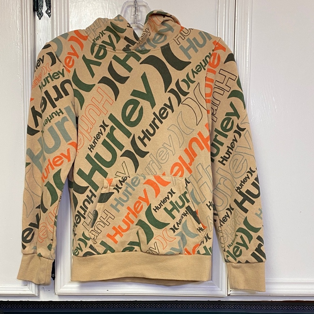 Hurley Beige, Orange, and Green Graphic Hoodie